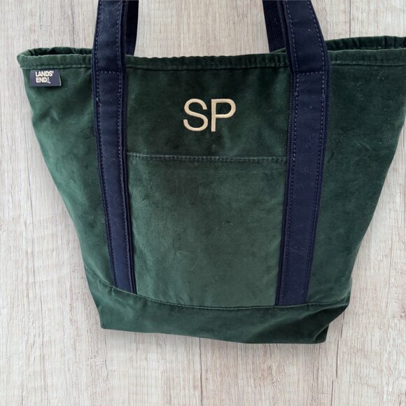 Lands' End Handbags - LANDS END Zip Top Velvet Green Navy Blue Tote Bag Preppy Heavyweight Canvas